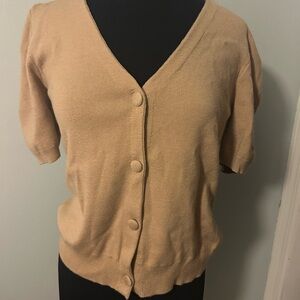 Rachel Zoe Cream and Tan Cardigan Sweater V-Neck Short Sleeves
